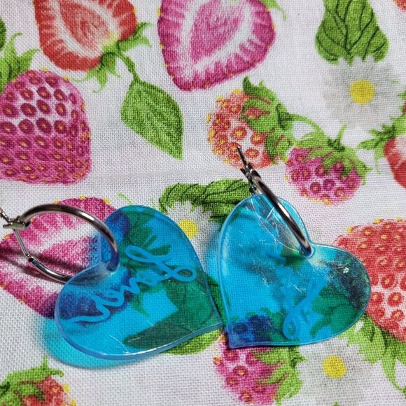 Blue "Lover" Reflective Heart Shaped Acrylic Earrings - Picture 3 of 6